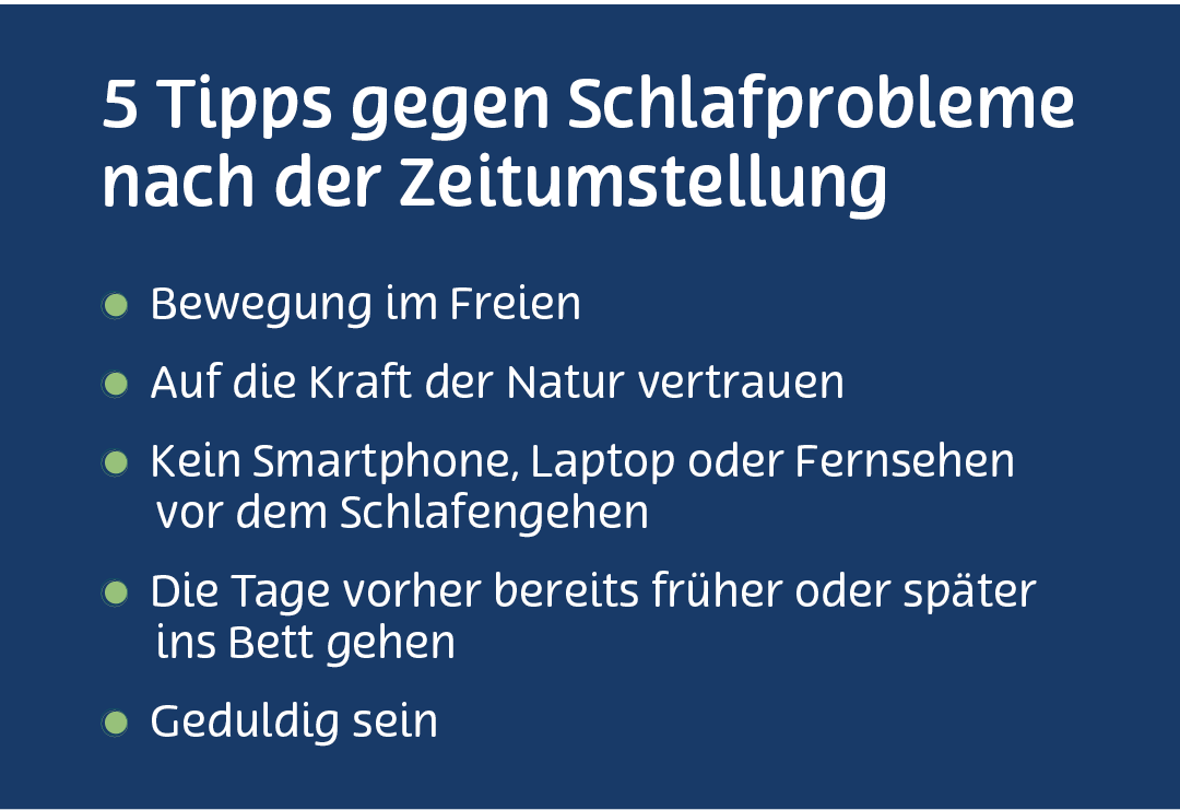 Hier werden fünf Tipps aufgeführt, die gegen Schlafprobleme nach der Zeitumstellung helfen können